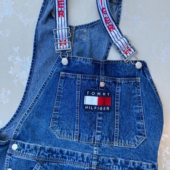 Vintage Tommy Hilfiger Bib Overall Shorts sizeL CARPENTERLOOP Logo Straps Jeans